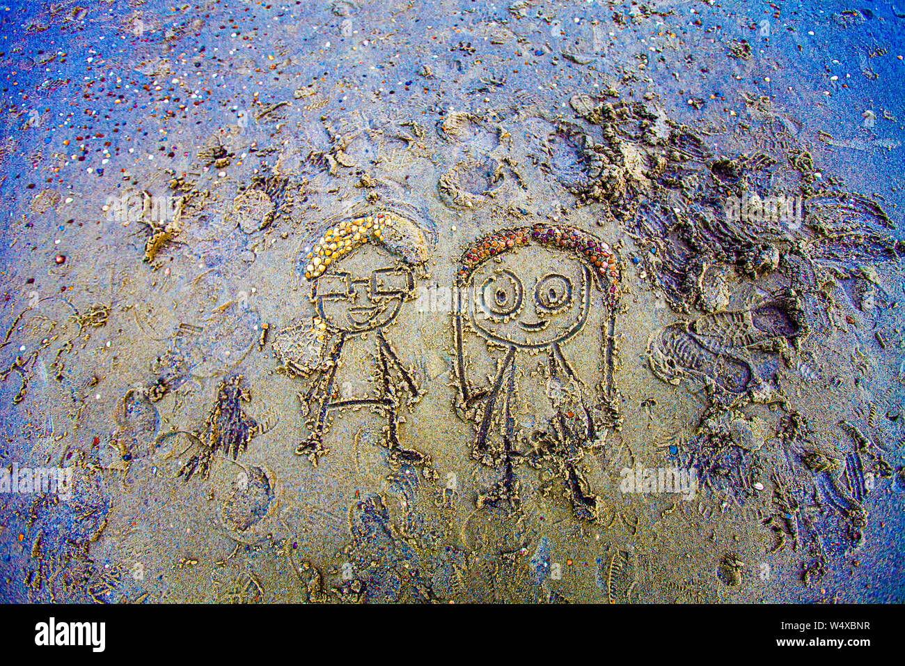 Coppia di sabbia, Art on the Sand of the Beach a Oostkapelle, Paesi Bassi Foto Stock