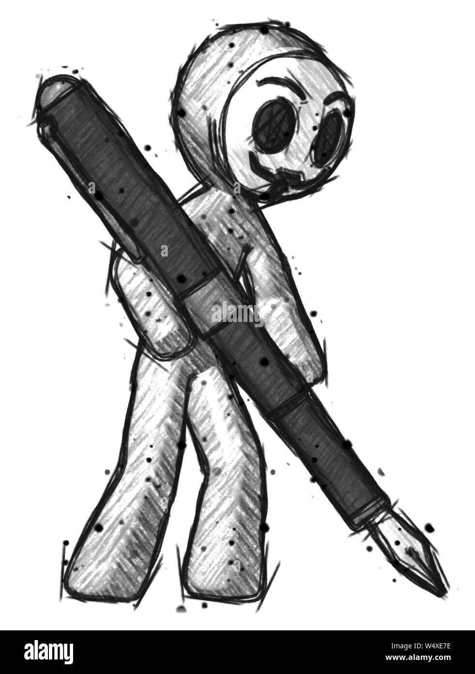 Schizzo poco hacker anarchico uomo disegnare o scrivere con grande calligrafia pen. Foto Stock