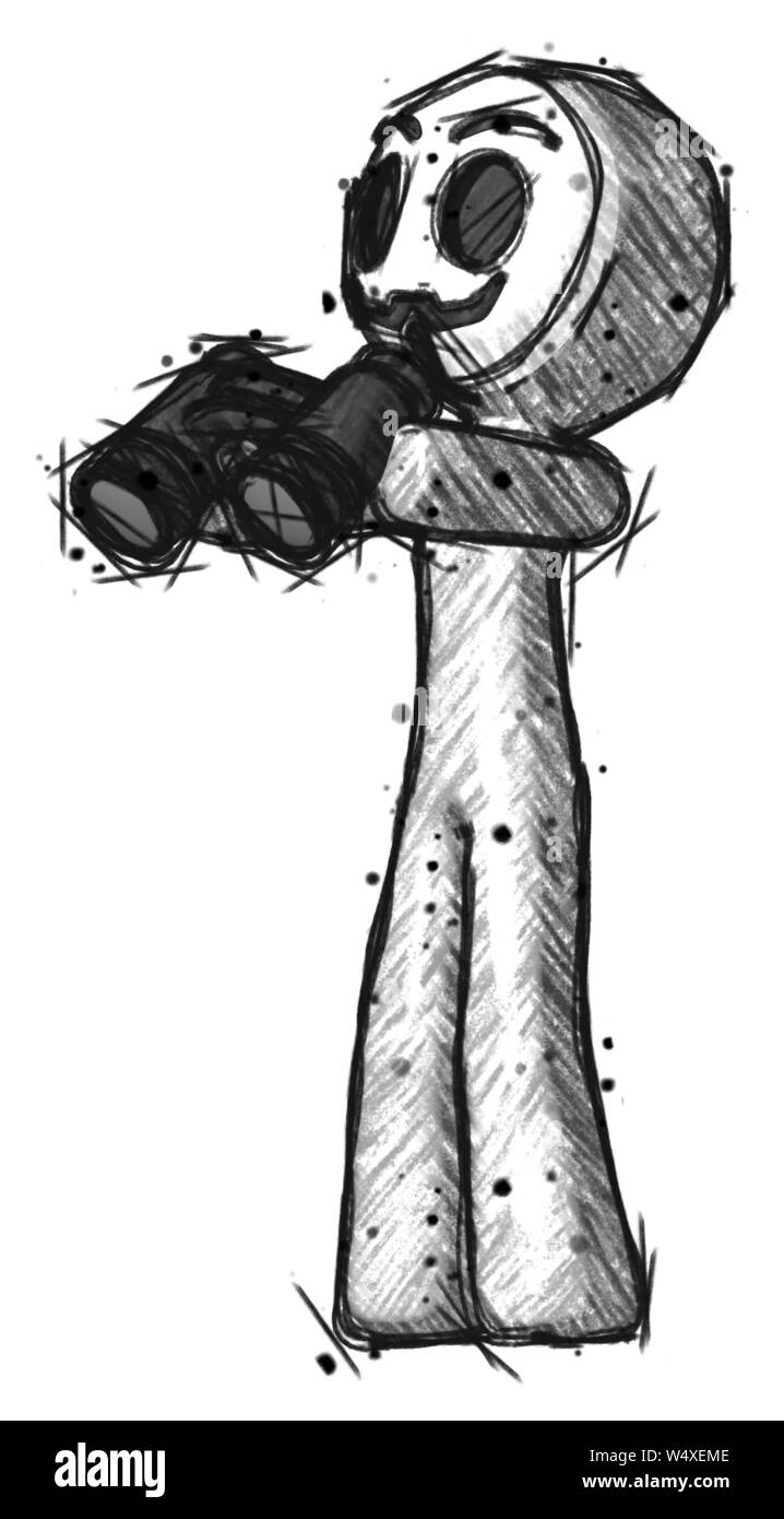 Schizzo poco anarchico uomo hacker tenendo il binocolo pronti a guardare a sinistra. Foto Stock