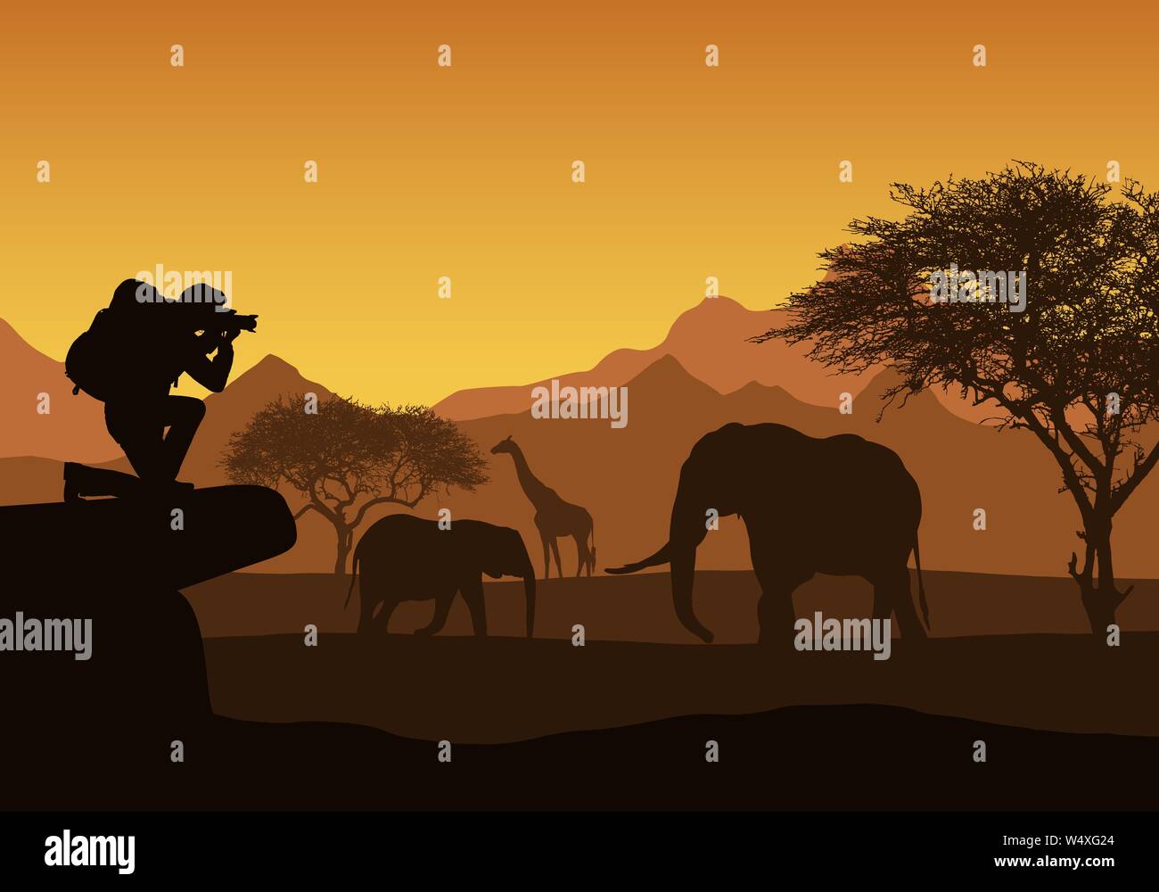 Illustrazione realistica di African Safari con il paesaggio di montagna, alberi ed elefanti e giraffe. Turistico con zaino prende di fotografare gli animali Illustrazione Vettoriale