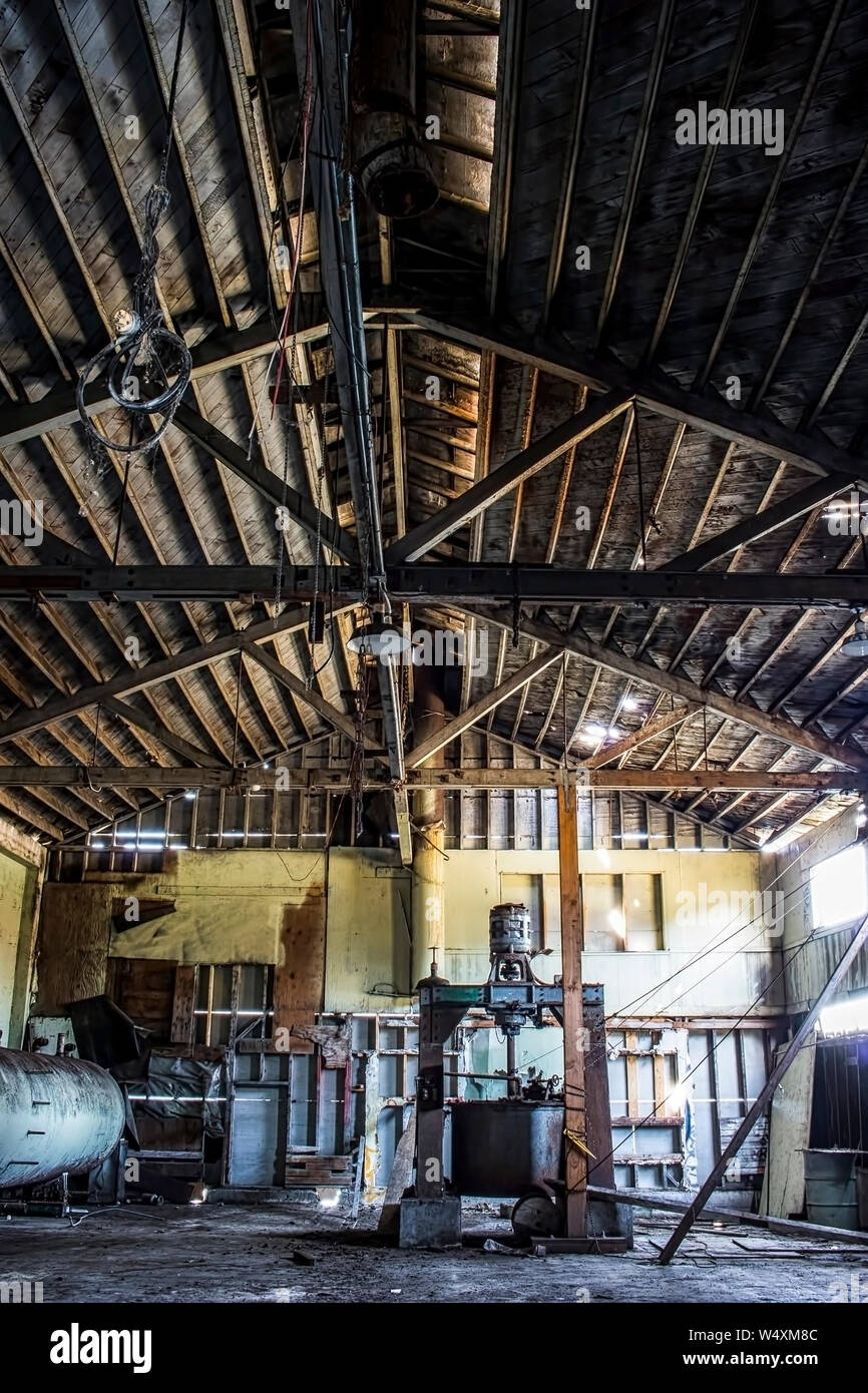 L'immagine verticale interno del vecchio abbandonato cannery edificio adibito a magazzino con lunghe linee di legno vecchio che corre lungo il soffitto. Foto Stock