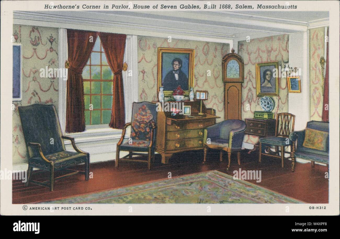 Cartolina Vintage riproduzione del Hawthorne's Corner in parlatorio, casa di sette Gables, Salem, Massachusetts, 1930. () Foto Stock