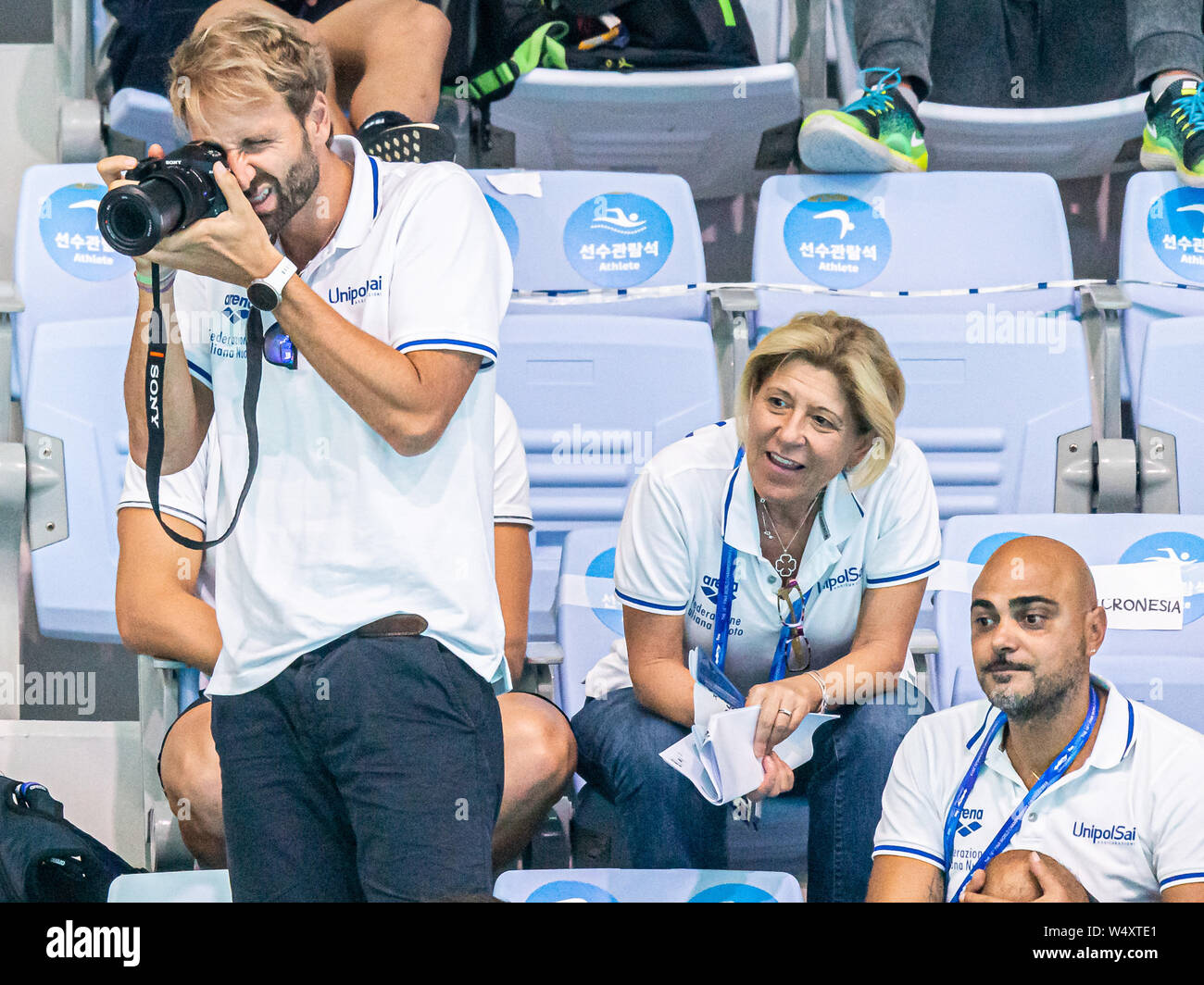 25 luglio 2019 Gwangju, Corea del Sud 18° Campionato Mondiale di Aquatica della FINA 25-07-2019: Zwemmen: WK 2019: Gwangju Massimiliano Rosolino, Laura del sette, Christian Minotti Gwangju Corea del Sud 25/07/2019 Nuoto 18° Campionato Mondiale di Aquatica della FINA Centro Acquatico Universitario di Nambu Foto Stock