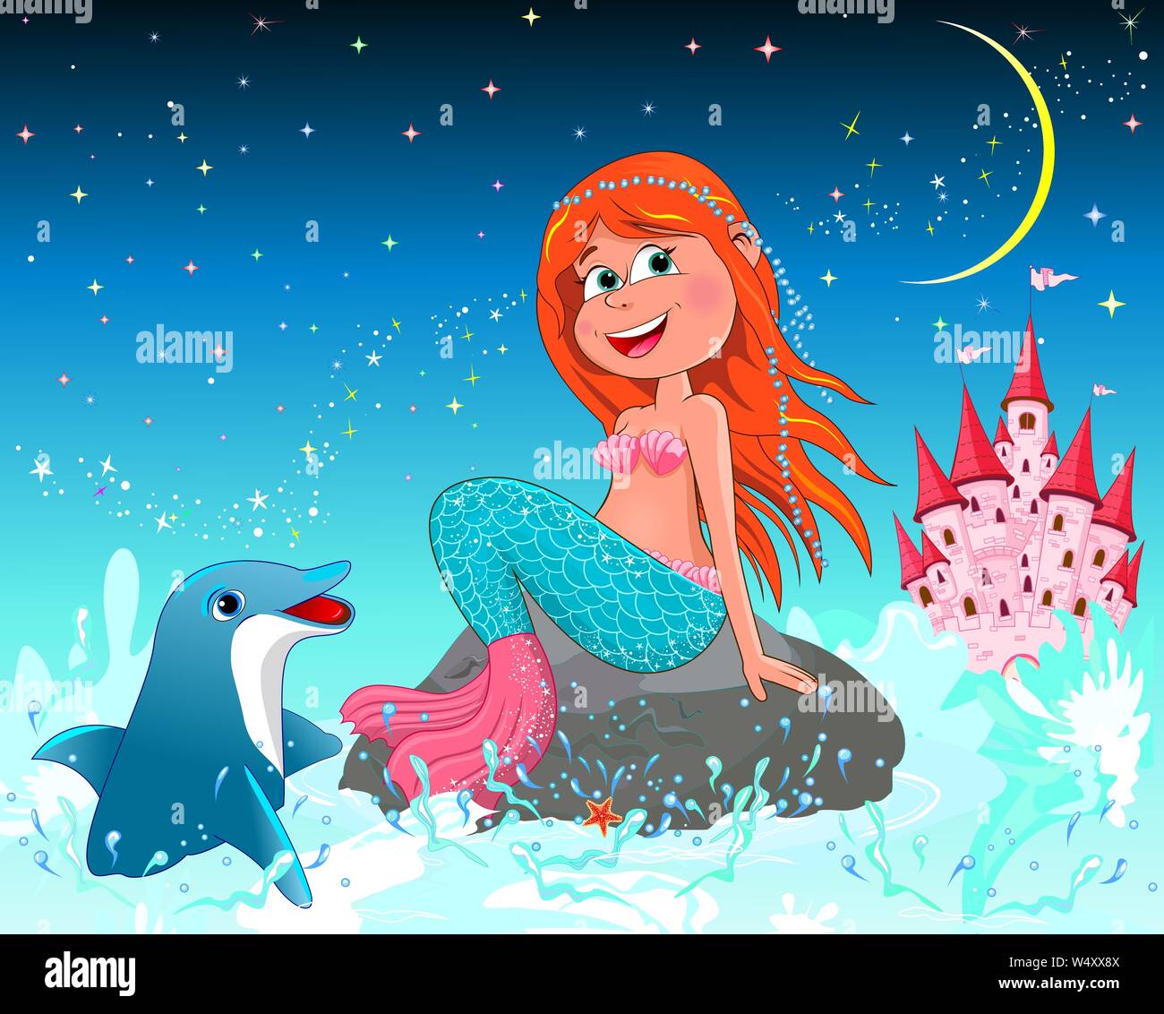 Una splendida sirenetta siede su un mare di pietra. Mermaid e dolphin sullo sfondo di una notte il cielo stellato. La principessa rosa castello. Illustrazione Vettoriale