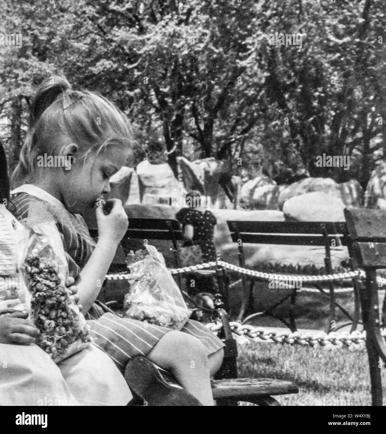 Close-up di una giovane ragazza seduta su una panchina nel parco in un ambiente all'aperto e mangiare mais bollitore da un sacchetto, Detroit, Michigan, 1960. () Foto Stock