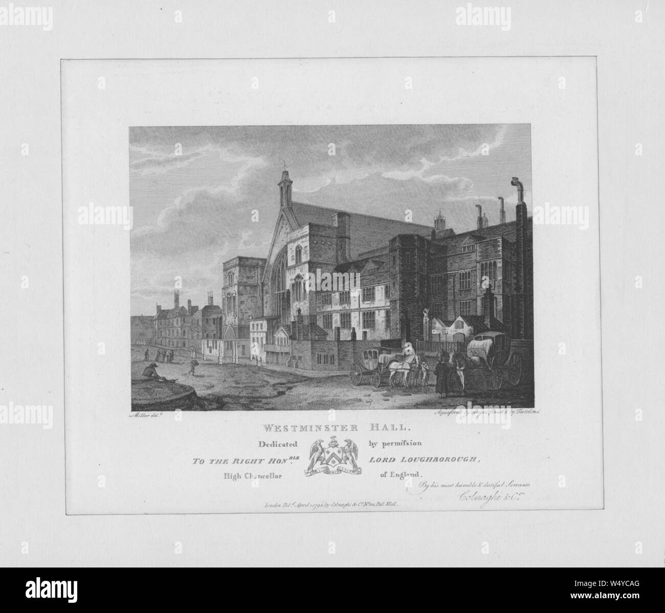 Incisione di Westminster Hall, la parte più antica del Palazzo di Westminster sulla riva nord del Tamigi nella City of Westminster, Londra, Inghilterra, 1800. Dalla Biblioteca Pubblica di New York. () Foto Stock