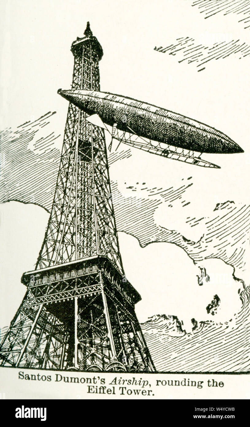 Questa illustrazione, che risale ai primi anni venti, legge: Santos Dumont il dirigibile arrotondando la torre Eifel. Alberto Santos-Dumont (morto 1932) era un inventore brasiliano e pioniere dell'aviazione. Foto Stock