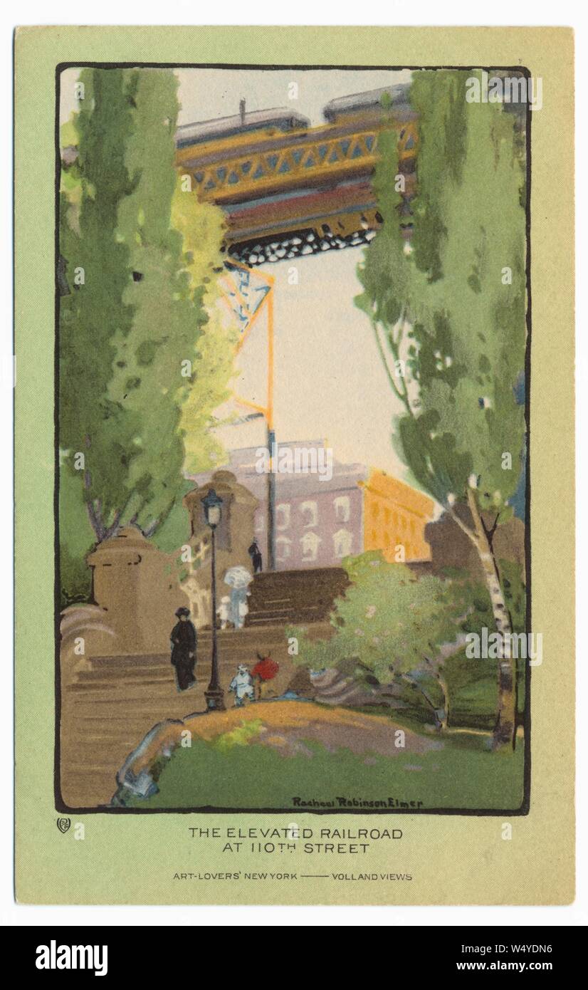 Disegnate una cartolina della ferrovia sopraelevata a 110th Street nella città di New York, New York, illustrato da Rachael Robinson Elmer, pubblicato da PF, 1914. Volland Company. Dalla Biblioteca Pubblica di New York. () Foto Stock