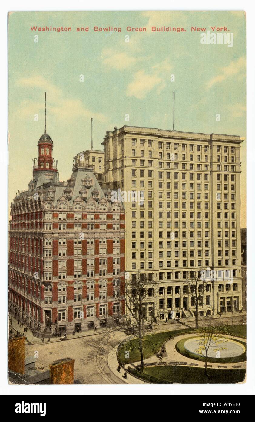 Incisi cartolina del Washington e Bowling Green edifici sul lato meridionale di Broadway a New York City, New York, 1915. Dalla Biblioteca Pubblica di New York. () Foto Stock