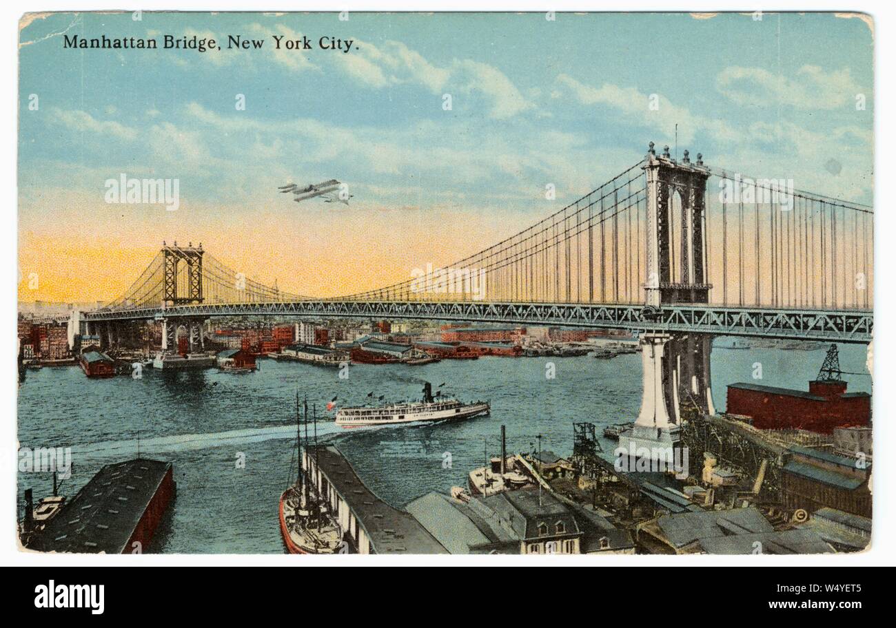 Incisi cartolina del Manhattan Bridge oltre l'East River nella città di New York, New York, pubblicato dalla American Art Publishing Co, 1910. Dalla Biblioteca Pubblica di New York. () Foto Stock