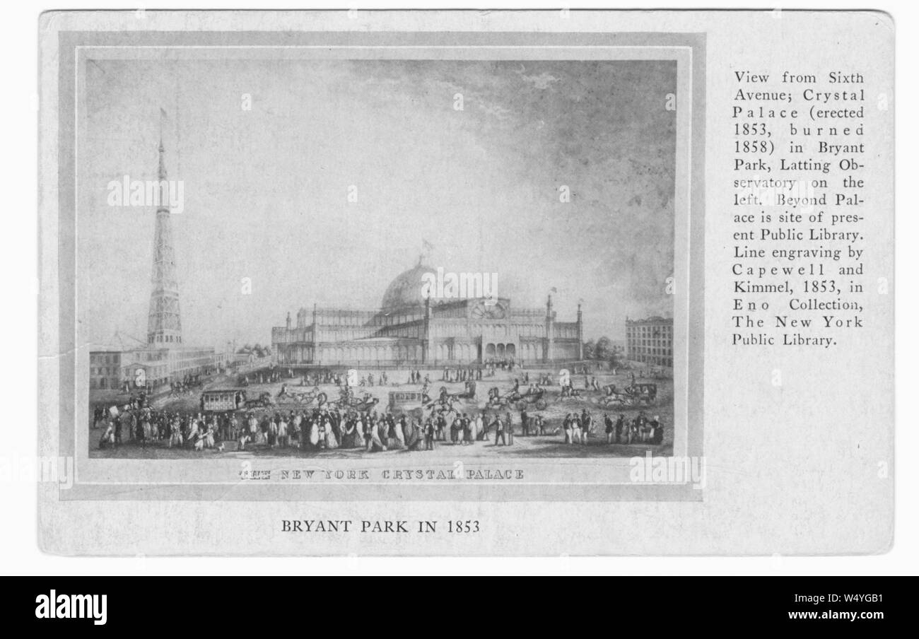 Cartolina inciso del Crystal Palace in Bryant Park, New York New York, pubblicato dalla Biblioteca Pubblica di New York, 1853. Dalla Biblioteca Pubblica di New York. () Foto Stock