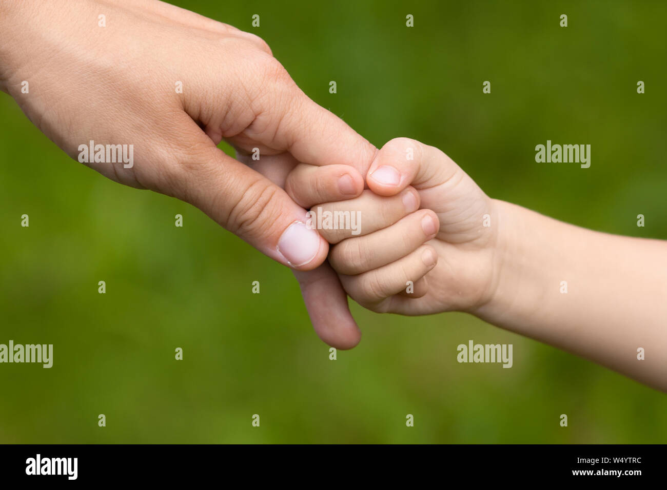 Madre tenendo la mano della figlia su sfondo sfocato, primo piano Foto Stock