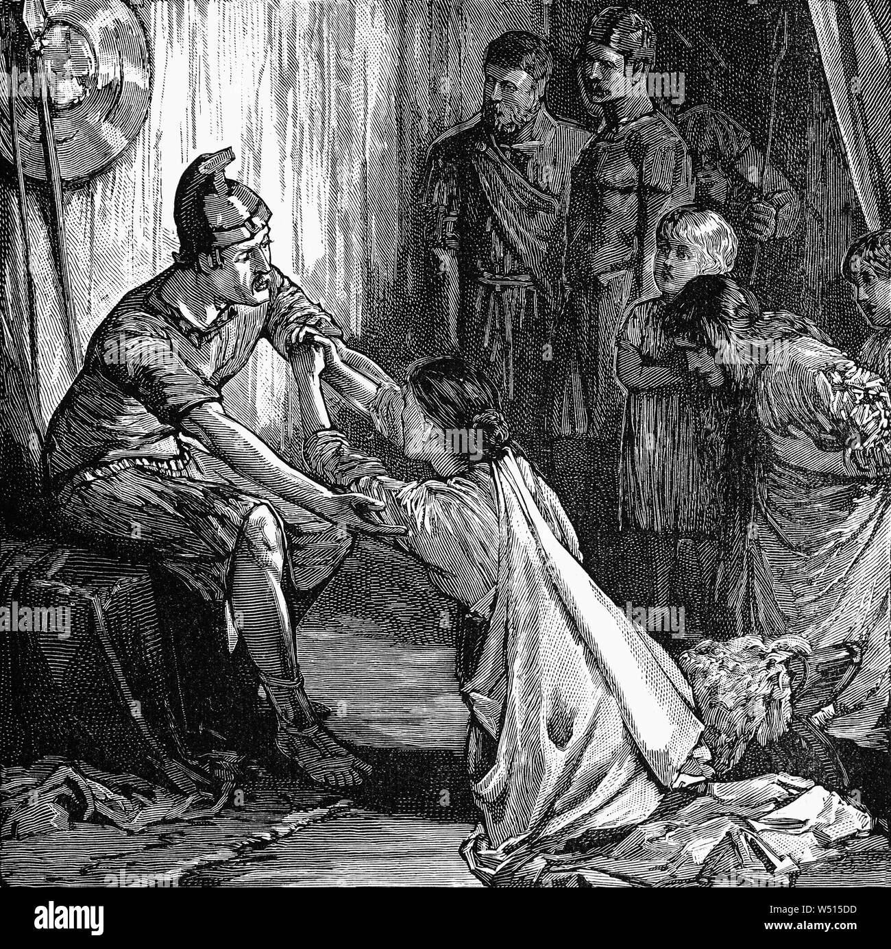 Coriolanus è stato un del V secolo A.C. il generale romano, che ha avuto successo militare contro vari moti sfidando il governo di Roma. A seguito del suo successo, Coriolanus è diventato attivo in politica, ma il suo temperamento era inadeguato. Egli ha lasciato Roma per risiedere con il leader Volscian Attius Tullus Aufidius ed essi hanno portato l'esercito Volscian di assediare Roma. Quindi Coriolanus" madre Veturia e sua moglie Volumnia e i suoi due figli sono andati al Volscian camp e implorato Coriolanus a cessare il suo attacco a Roma. Coriolanus è stato superato da i loro motivi si è conclusa l'assedio. Foto Stock