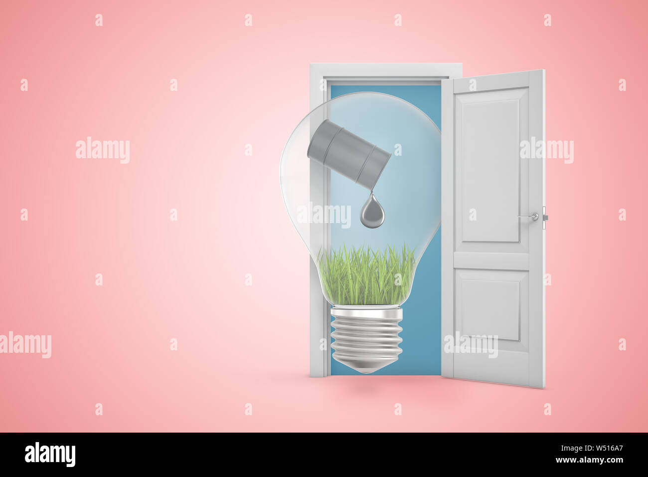 3D rendering della lampadina con olio nero canna versando olio su erba verde in bianco porta aperta sulla luce sfondo rosa Foto Stock