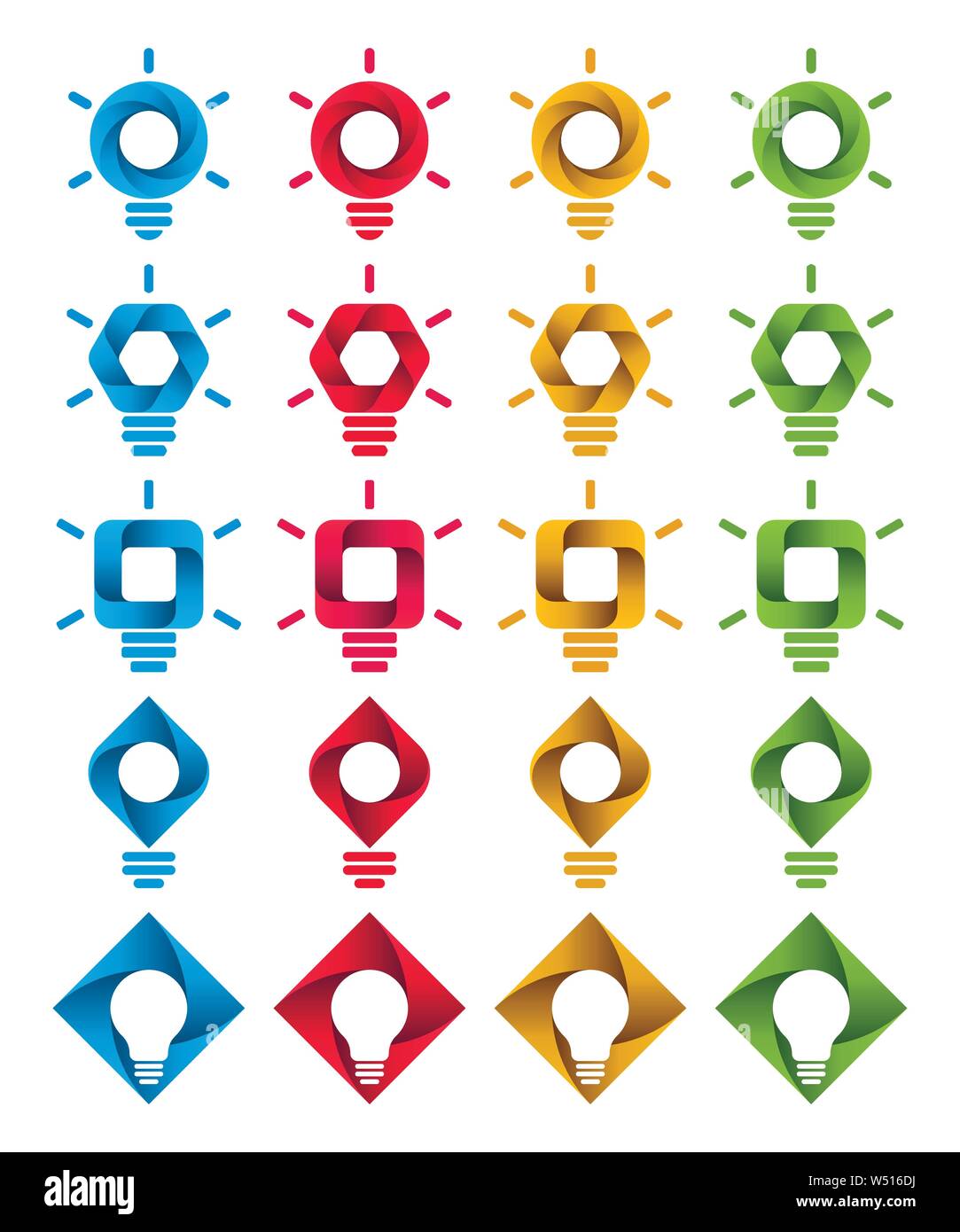 Spirale lampada a forma di simboli su sfondo bianco. Infografico icone della lampadina. Illustrazione Vettoriale