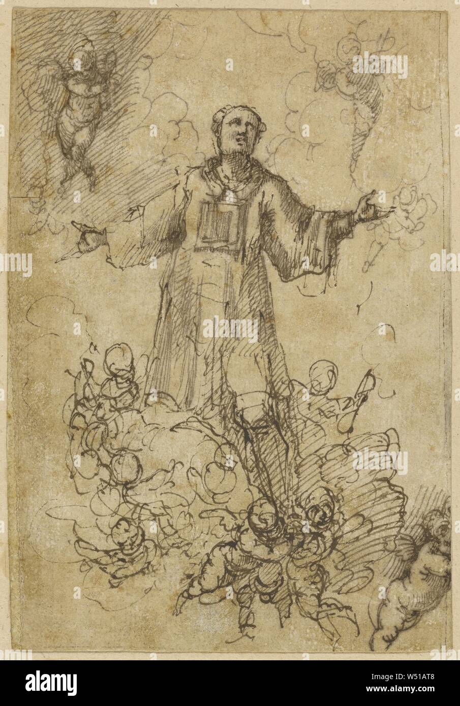 Un maschio di Saint nella gloria, attribuito a Pedro Atanasio Bocanegra (spagnolo, 1638 - 1689), circa 1660 - 1689, penna e marrone e marrone grigiastro inchiostri, 16 x 11 cm (6 5/16 x 4 5/16" Foto Stock