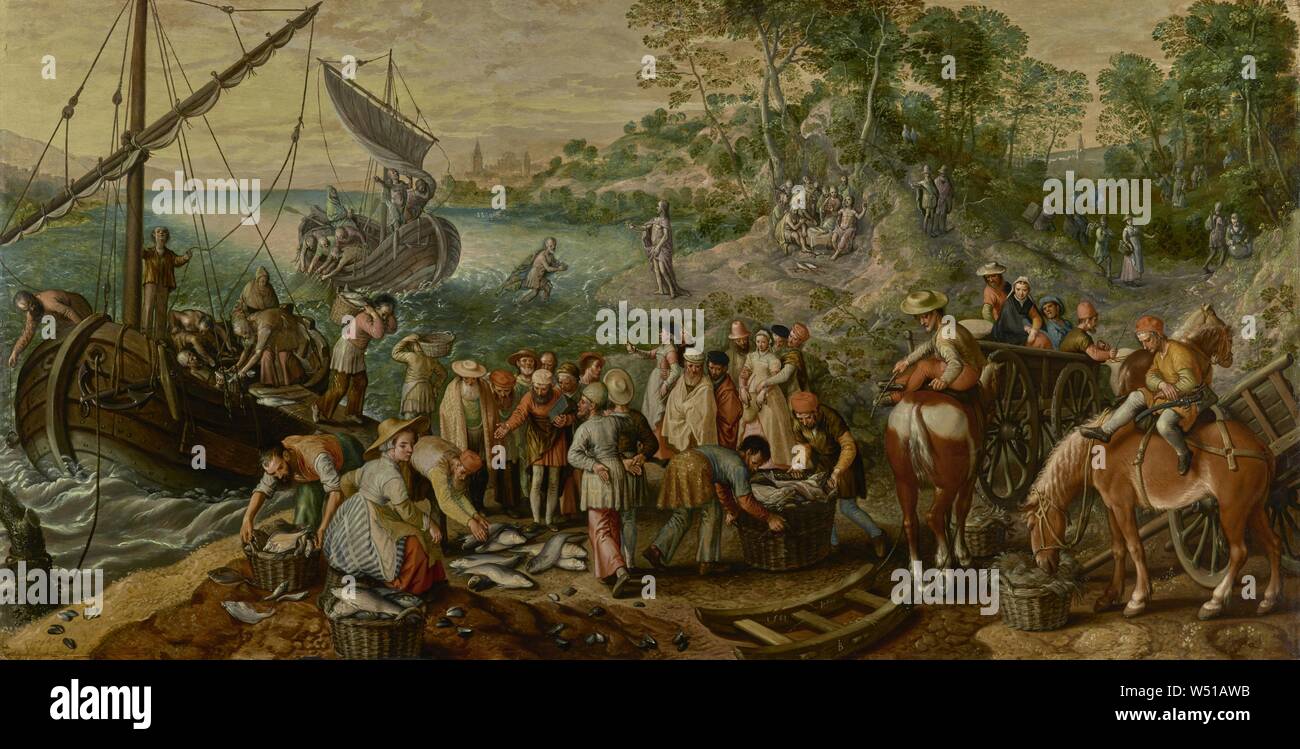 La pesca miracolosa, Joachim Beuckelaer (Netherlandish, circa 1534 - circa 1574), 1563, olio su pannello, 110,5 × 210.8 cm (43 1/2 × 83 in Foto Stock