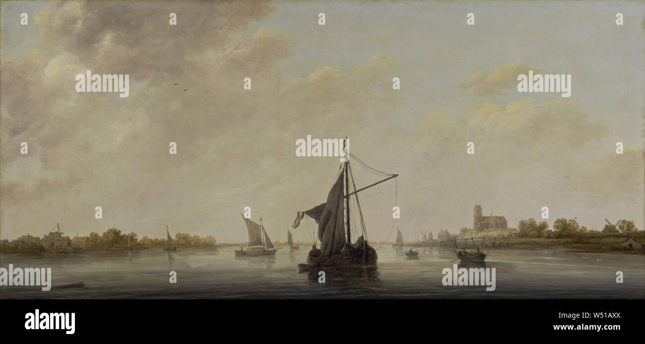 Una vista del Fiume Mosa a Dordrecht, Aelbert Cuyp (Olandese, 1620 - 1691), circa 1645 - 1646, olio su pannello, 49,8 × 107 cm (19 5/8 × 42 1/8 in Foto Stock