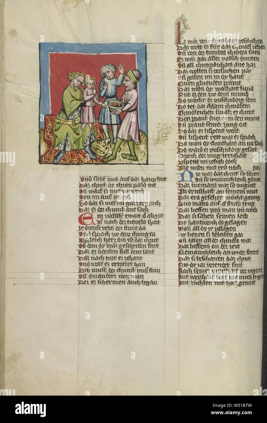 Mosè e Faraone la corona, Mosè mangiare i carboni ardenti, sconosciuto, Regensburg, Baviera, Germania, circa 1400 - 1410, tempere, oro, vernice argento e inchiostro su pergamena, Leaf: 33,5 x 23,5 cm (13 3/16 x 9 1/4 in Foto Stock