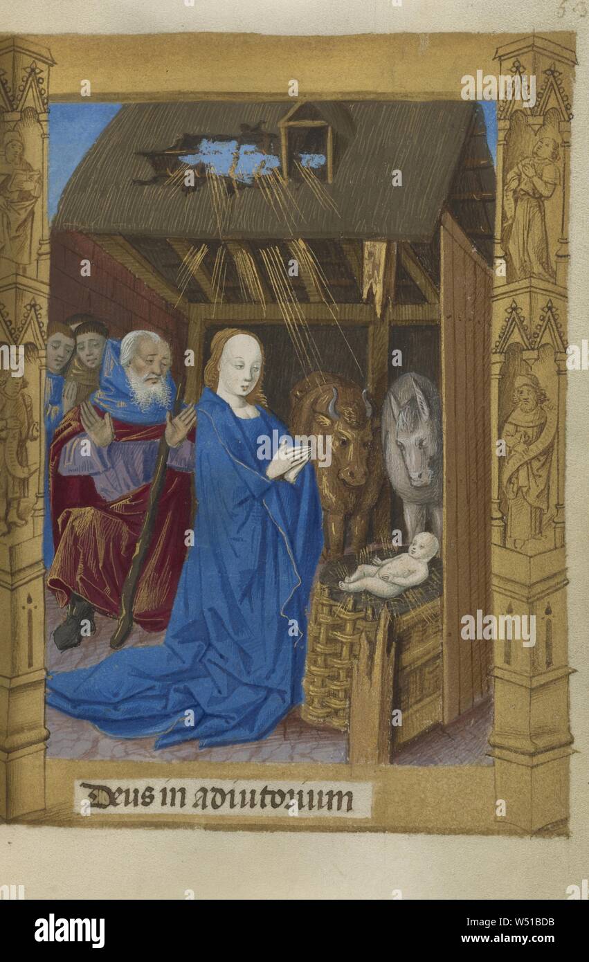 La natività, Master di Guillaume Lambert (francese, attivo circa 1475 - 1485), Lione, Francia, 1478 (basato sulla data inclusa nel calcolo di Pasqua), tempere, vernice dorata, e ferro gall inchiostro su pergamena legati tra di cartone rivestito con brown giansenisti marocco, Leaf: 14,6 x 9,8 cm (5 3/4 x 3 7/8 in Foto Stock