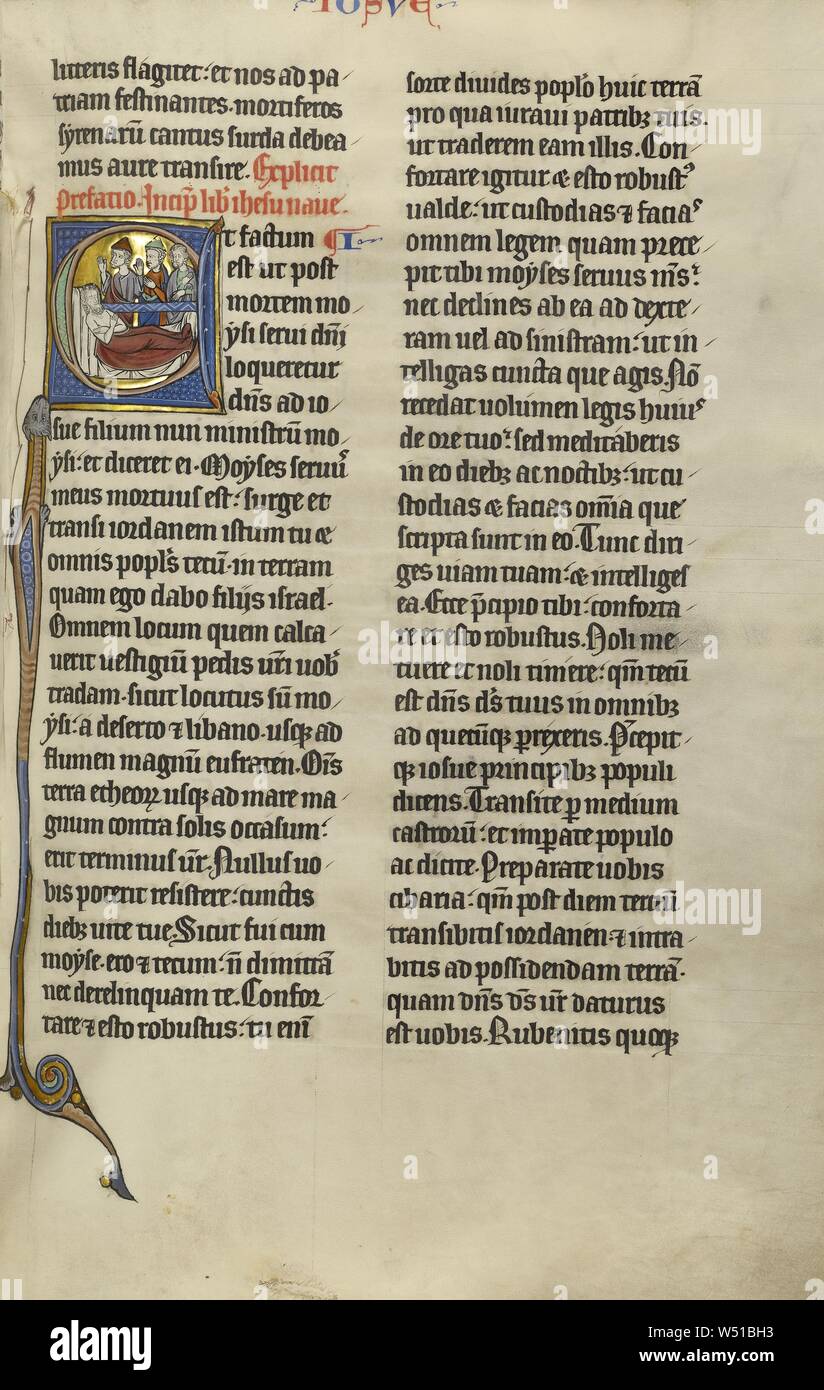 E iniziale: la morte di Mosè, sconosciuto, Lille (probabilmente), Francia, circa 1270, tempere, inchiostro nero e foglia oro su pergamena, Leaf: 47 × 30,8 cm (18 1/2 × 12 1/8 in Foto Stock