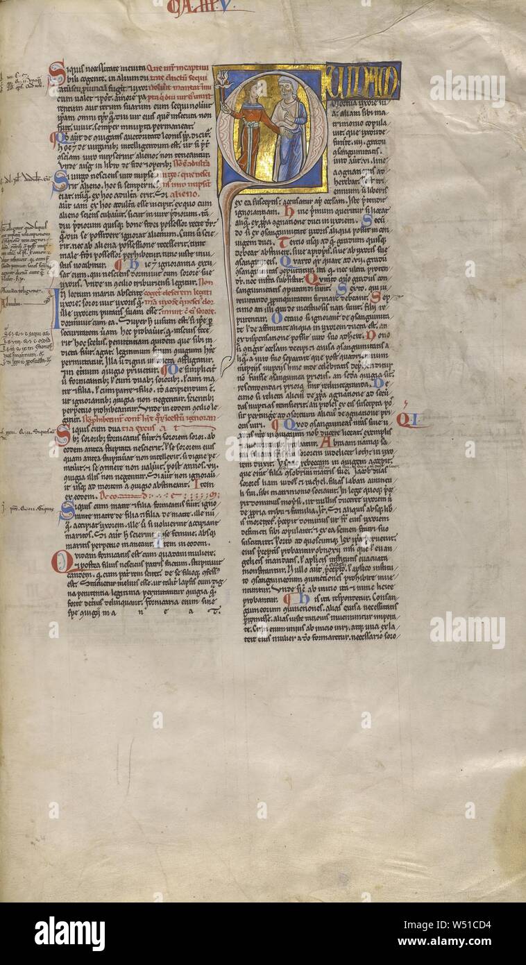 Q iniziale: un uomo e il suo fidanzato, sconosciuto, Parigi, Francia, circa 1170 - 1180, tempere, foglia oro e inchiostro su pergamena, Leaf: 44,3 x 29,1 cm (17 7/16 x 11 7/16 in Foto Stock