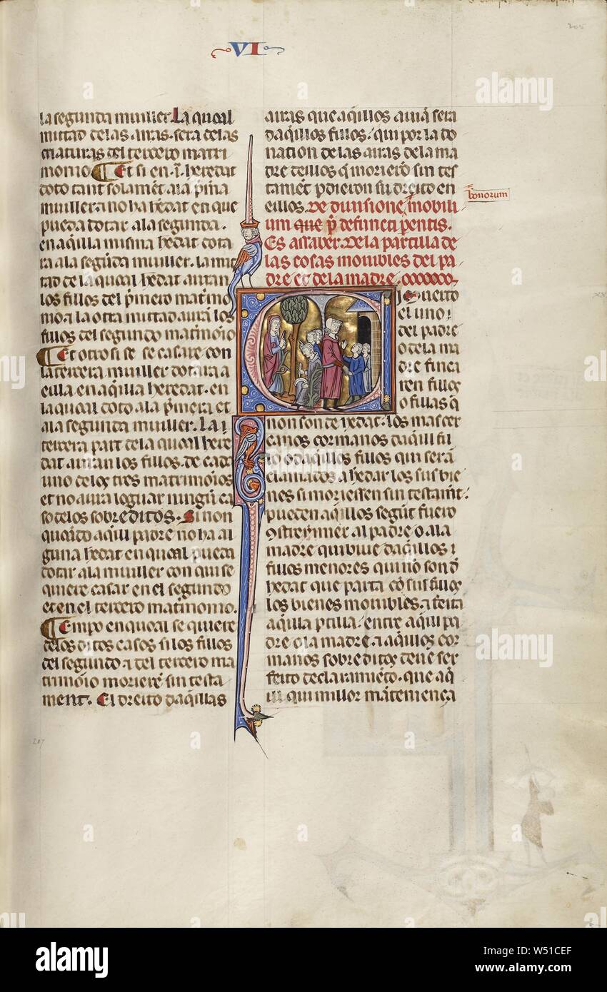 Iniziale S: una madre che parla ai suoi figli e un Padre che parla ai suoi figli, sconosciuto, Michael Lupi de Çandiu (spagnolo, attivo Pamplona, Spagna 1297 - 1305), nord-est della Spagna, in Spagna, circa 1290 - 1310, tempere, foglia oro e inchiostro su pergamena, Leaf: 36,5 x 24 cm (14 3/8 x 9 7/16 in Foto Stock