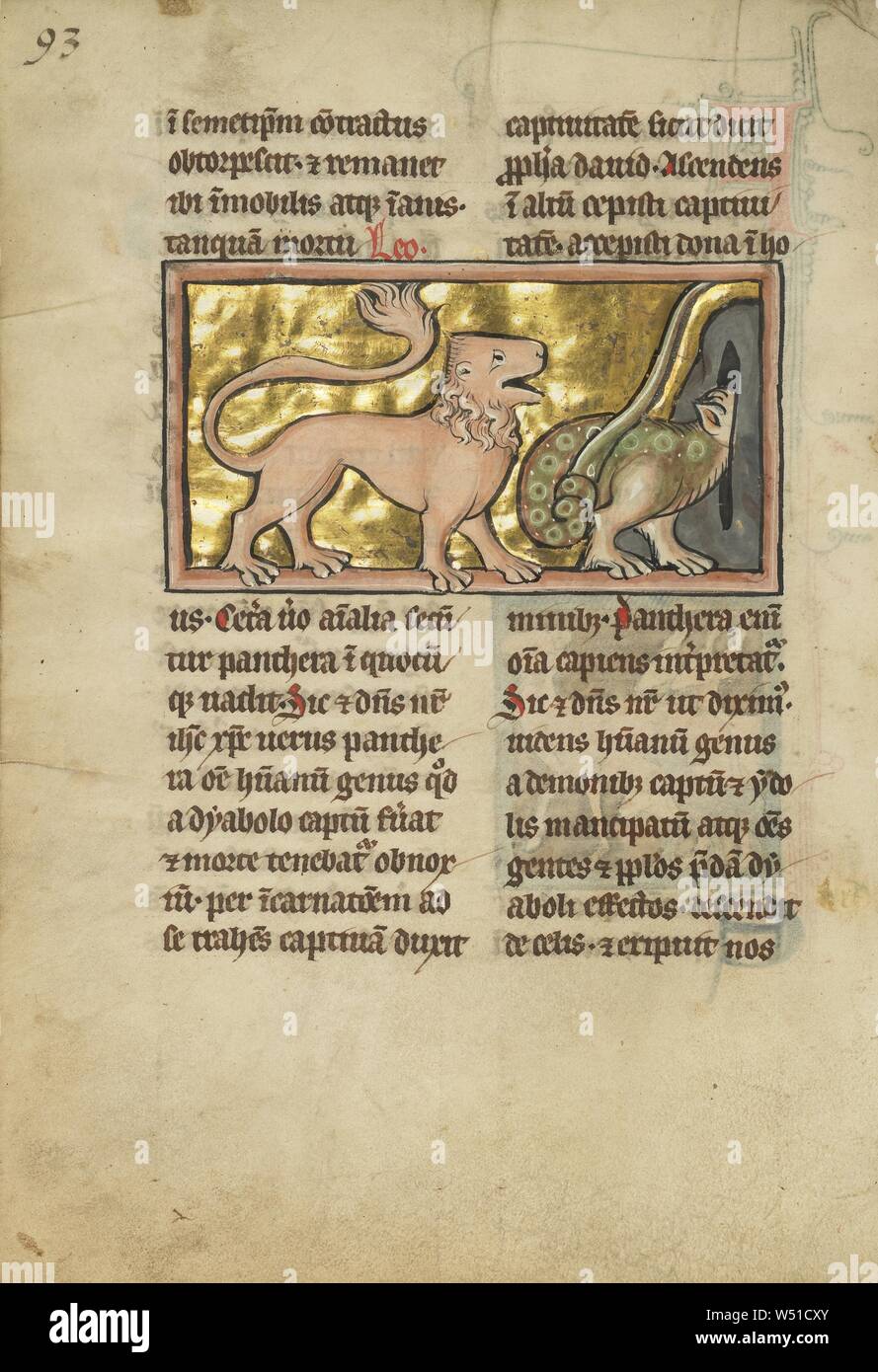 Un Leone e un drago alato, sconosciuto, Thérouanne ?, Francia (ex Fiandre), quarto trimestre del XIII secolo (dopo il 1277), tempere, penna e inchiostro, foglia oro e oro dipingere su pergamena, Leaf: 23,3 x 16,4 cm (9 3/16 x 6 7/16 in Foto Stock