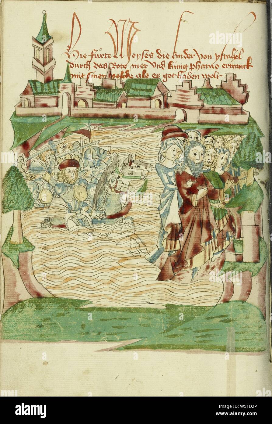 La traversata del Mar Rosso, seguace di Hans Schilling (tedesco, attivo 1459 - 1467), dall'officina di Diebold Lauber (tedesco, attivo 1427 - 1467), Hagenau, Alsazia, Francia (ex Germania), 1469, inchiostro colorato, lavaggi e colori a tempera su carta, Leaf: 28,6 x 20,3 cm (11 1/4 x 8 in Foto Stock