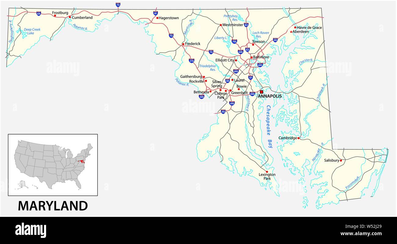 La mappa stradale di Stato americano del Maryland Illustrazione Vettoriale