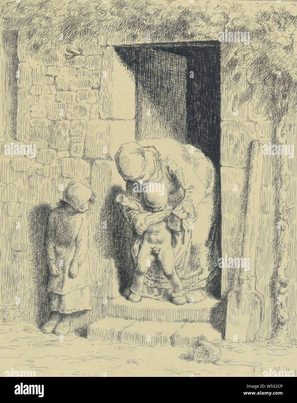 La Précaution Maternelle, Jean-François Millet (francese, 1814 - 1875), Parigi, Francia, piastra 1862, stampa 1921, cliché verre, 28,6 × 22,5 cm (11 1/4 x 8 7/8 in Foto Stock