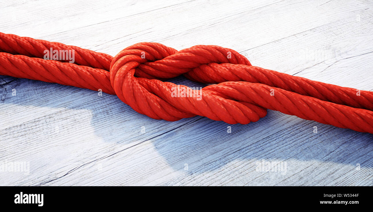 Red reef knot o nodo quadrato su legno scuro - 3D illustrazione Foto Stock