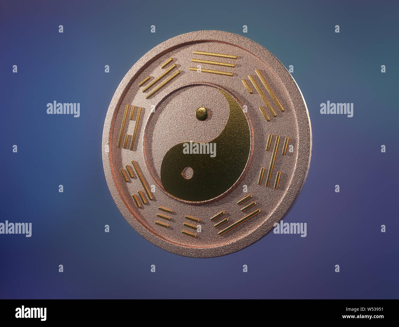 3D render di rame cinese ying-yang moneta con intarsi dorati su sfondo bluastro Foto Stock