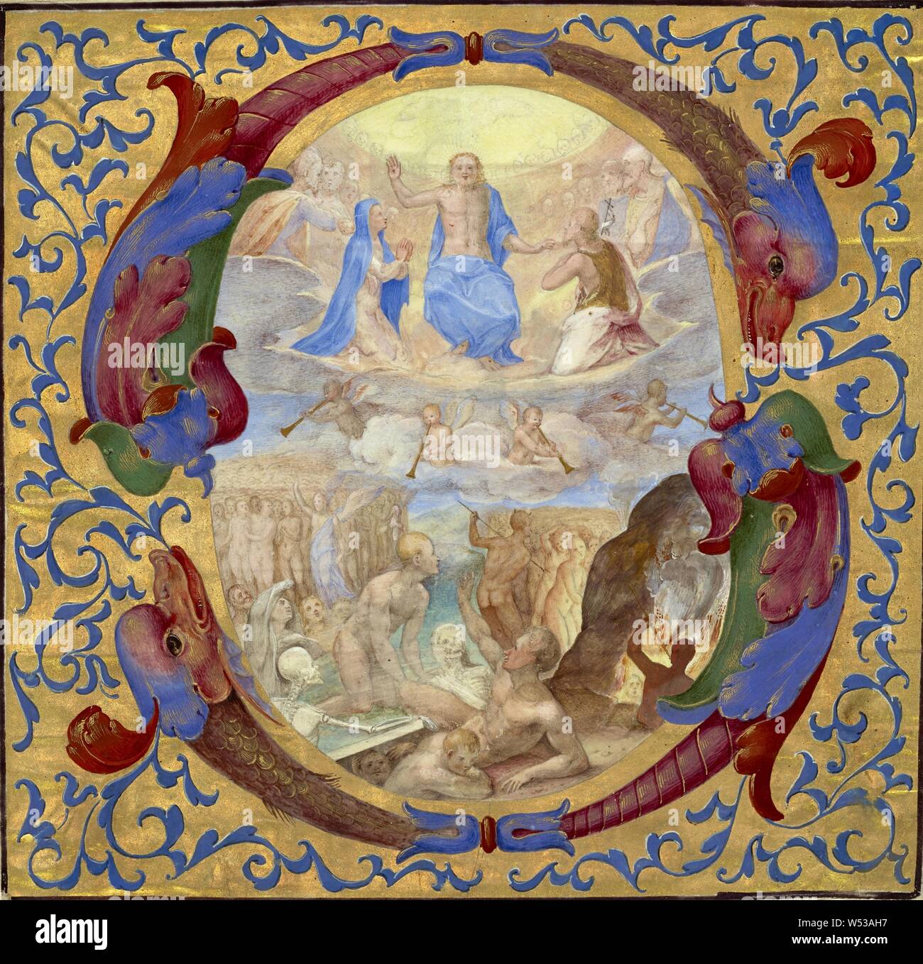 Iniziale S: l'ultima sentenza, Sconosciuto maker, Scuola Romana, Roma, Italia, circa 1567 - 1572, tempera e foglia oro su pergamena, Leaf: 15,6 x 16 cm (6 1/8 x 6 5/16" Foto Stock Iniziale S: l'ultima sentenza, Sconosciuto maker, Scuola Romana, Roma, Italia, circa 1567 - 1572, tempera e foglia oro su pergamena, Leaf: 15,6 x 16 cm (6 1/8 x 6 5/16" Foto Stock