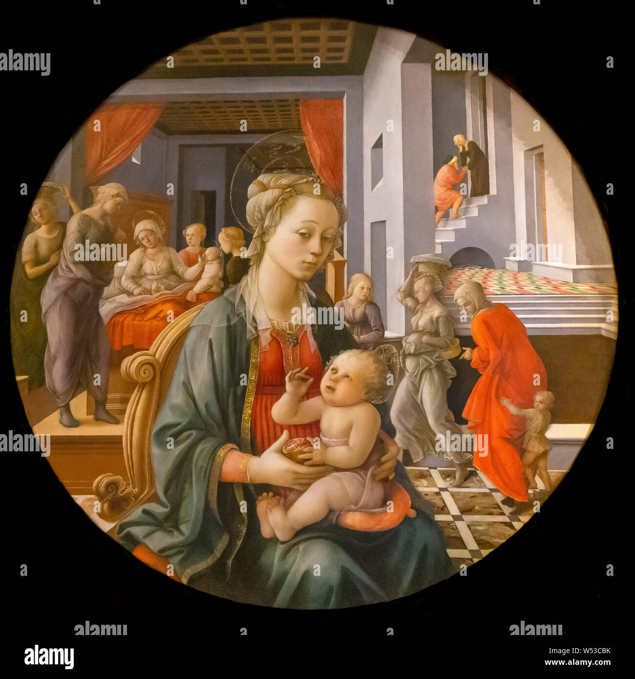Madonna con Bambino e scene della vita di Sant'Anna, Filippo Lippi, 1452-1453, Galleria Palatina di Palazzo Pitti, Palazzo Pitti di Firenze, Toscana, ho Foto Stock
