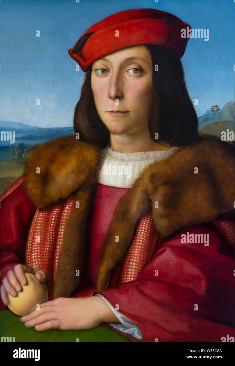 Giovane con un Apple, il Ritratto di un uomo in possesso di un Apple, Raffaello, 1505, Galleria Palatina di Palazzo Pitti, Firenze, Toscana, Italia, Europa Foto Stock