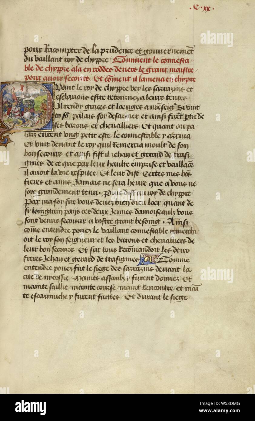 Q iniziale: Gillion i figli di attaccare l'accampamento del re Bruyant, Lieven van Lathem (fiammingo, circa 1430 - 1493), David Aubert (fiammingo, attivo 1453 - 1479), Anversa, Belgio, 1464, tempere, oro e inchiostro su pergamena, Leaf: 37 x 25,5 cm (14 9/16 x 10 1/16 in Foto Stock