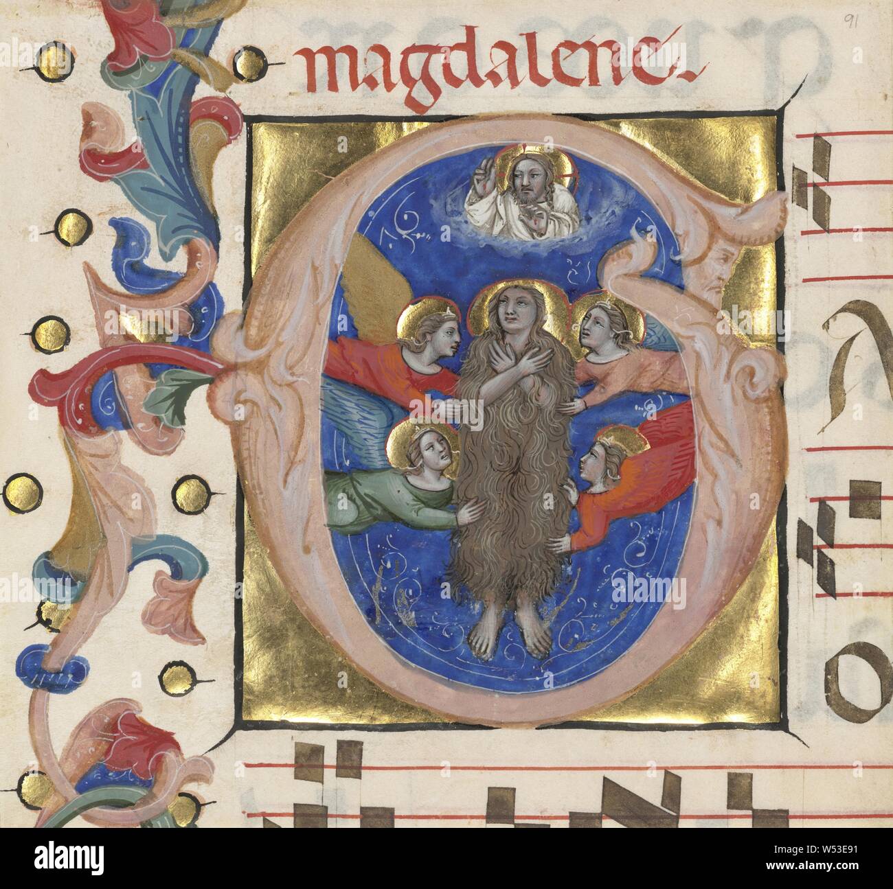 Iniziale G: l'assunzione di Santa Maria Maddalena, Niccolò di Giacomo da Bologna (italiano, attivo 1349 - 1403), Italia, circa 1392-1402, tempera e foglia oro, Foglia: 19,1 × 20,3 cm (7 1/2 × 8 in Foto Stock