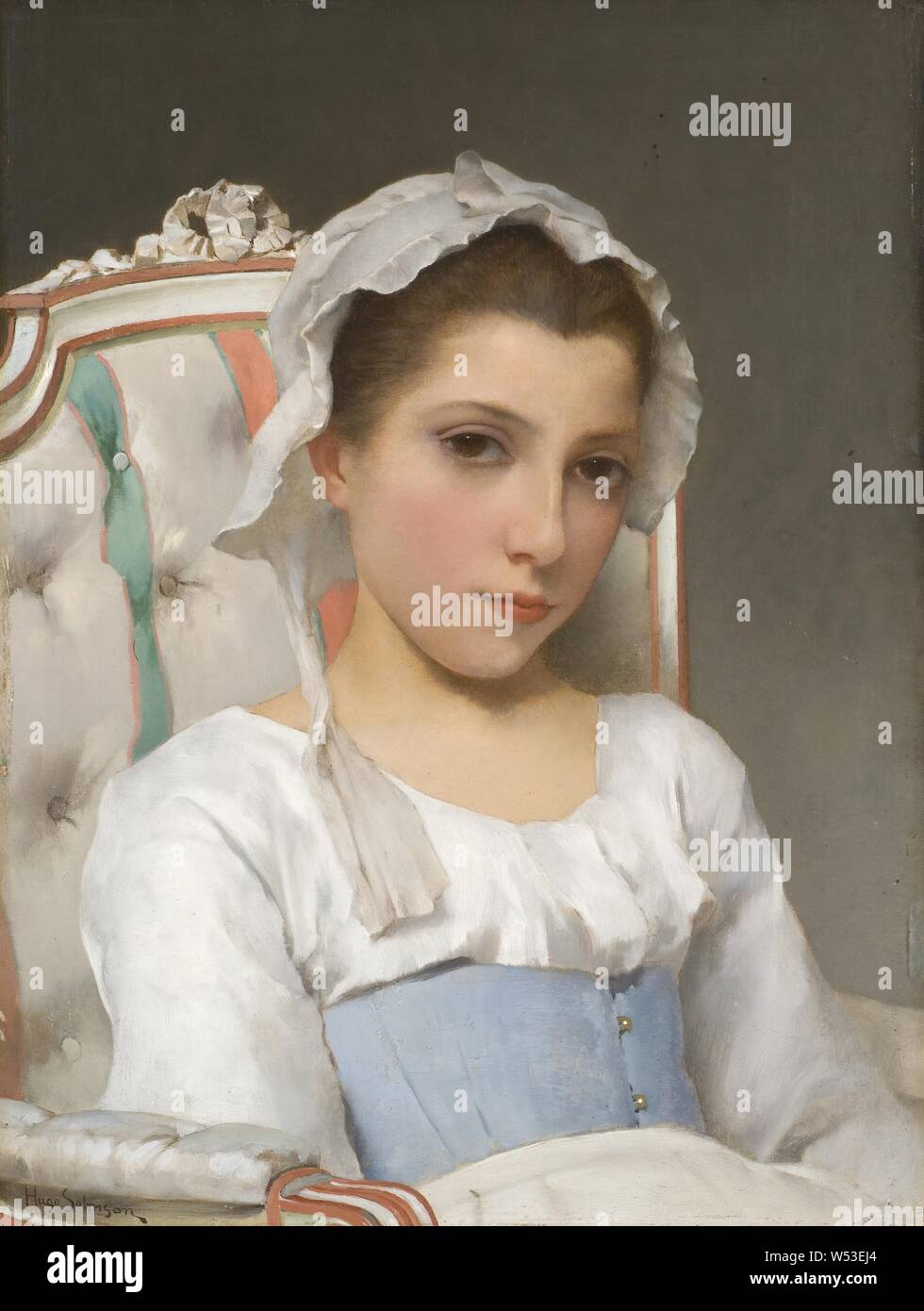 Hugo Salmson, Ritratto di una giovane ragazza, Svedese Ritratto di giovane ragazza, pittura, Ritratto, olio su pannello, altezza 35 cm (13,7 pollici) di larghezza, 26,7 cm (10,5 pollici) Foto Stock