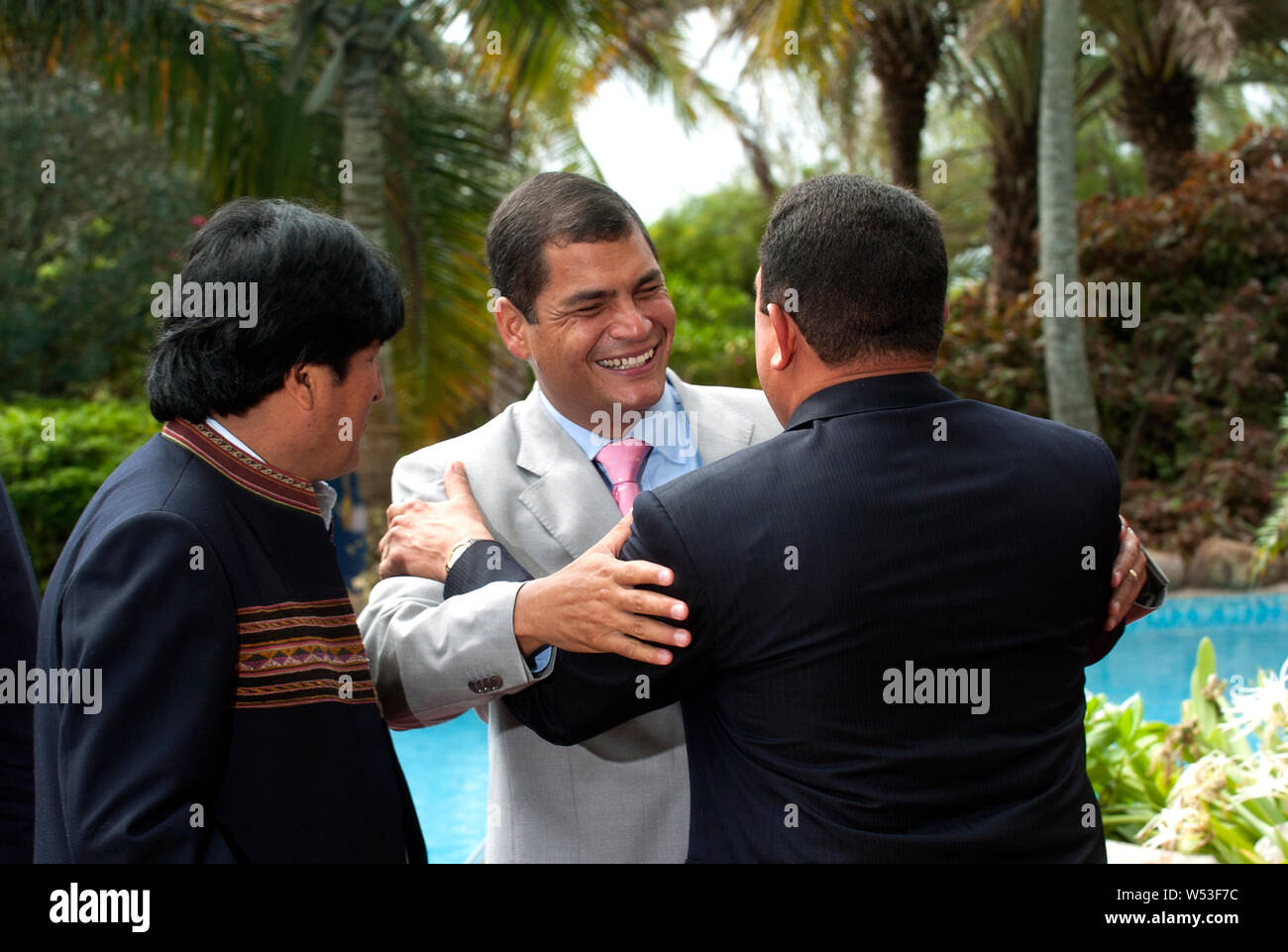 Latin American Presidenti Hugo Chavez, dal Venezuela, Rafael Correa, dall'Ecuador, e Evo Morales, dalla Bolivia, durante una riunione in Venezuela Foto Stock