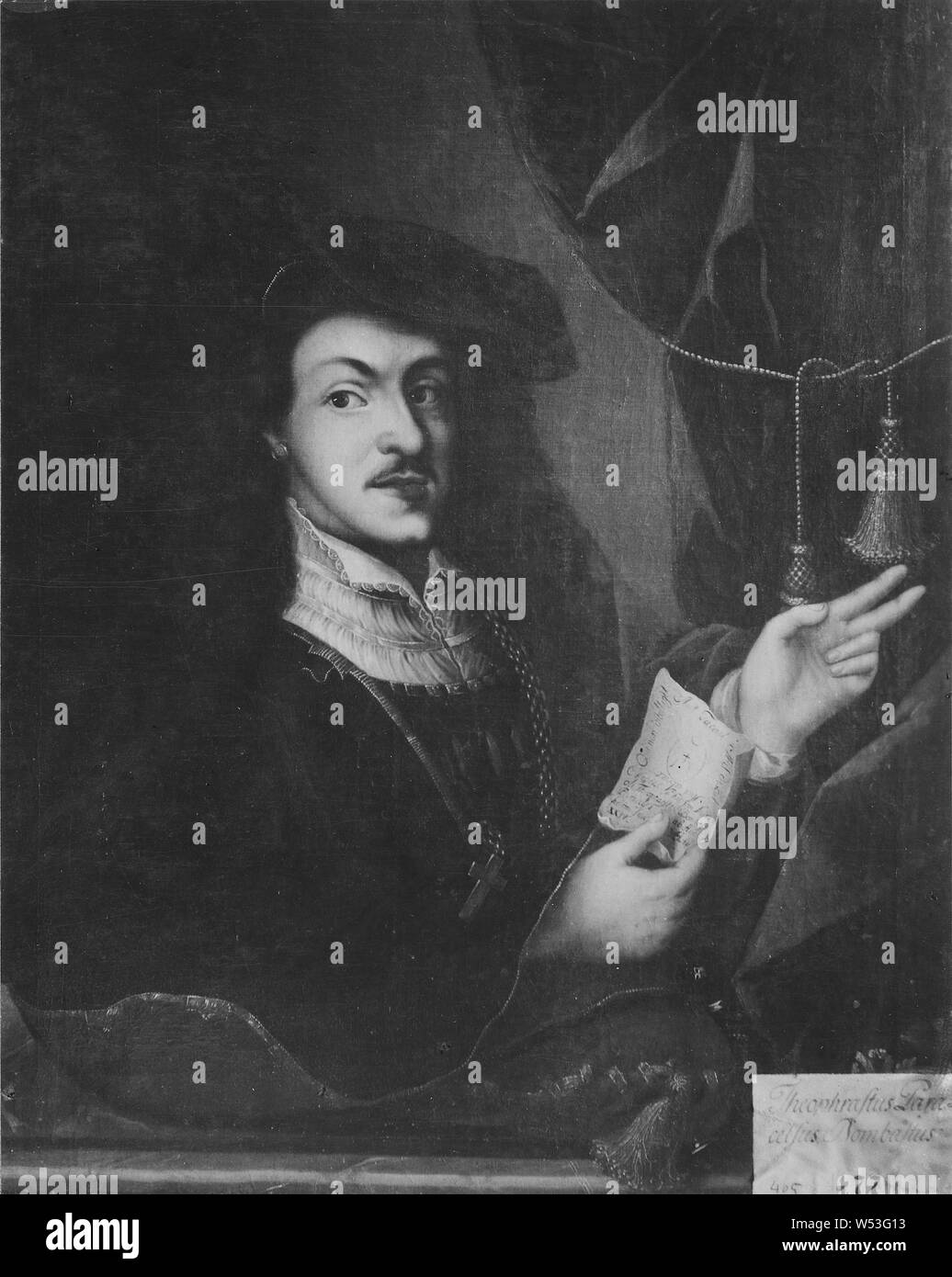 Dopo Ferdinand Bol, Theophrastus Bombastus von Hohenheim, chiamato Paracelcus, Theofrastus Bombastus von Hohenheim, 1493 - 1541, chiamato Paracelso, alchimista, alchimista, pittura, olio su tela, altezza 101 cm (39,7 pollici), Larghezza 81 cm (31,8 pollici), iscrizione, Theofrastus Paracelso Bombastus, aet 24, qui non intelligente - faceat aut-aut dicat - aut abeat.- effigi, Filippi Aureoli Theophrati… ab henheim sue aetatis XXIV, in retro Foto Stock