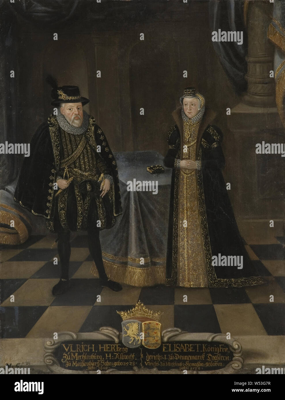 Elisabet e Ulrik III, Ulrik III, 1527-1603, duca di Mecklenburg-Schwerin Elisabet, 1524-1586, Principessa di Danimarca, pittura, olio su tela, altezza 101 cm (39,7 pollici), larghezza di 79 cm (31,1 pollici) Foto Stock