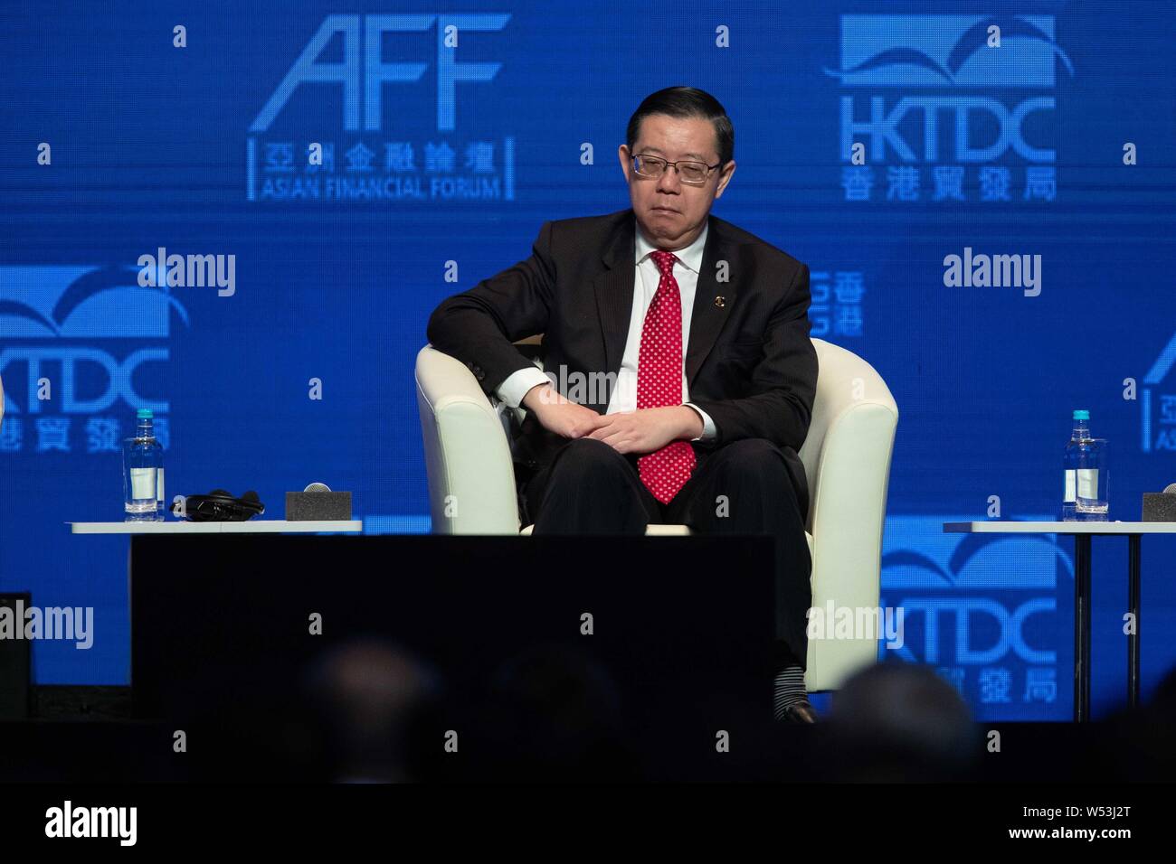 Lim Guan Eng, ministro delle Finanze della Malesia, assiste il dodicesimo Asian Forum finanziario (AFF) 2019 a Hong Kong, Cina, 14 gennaio 2019. La pinna asiatica Foto Stock