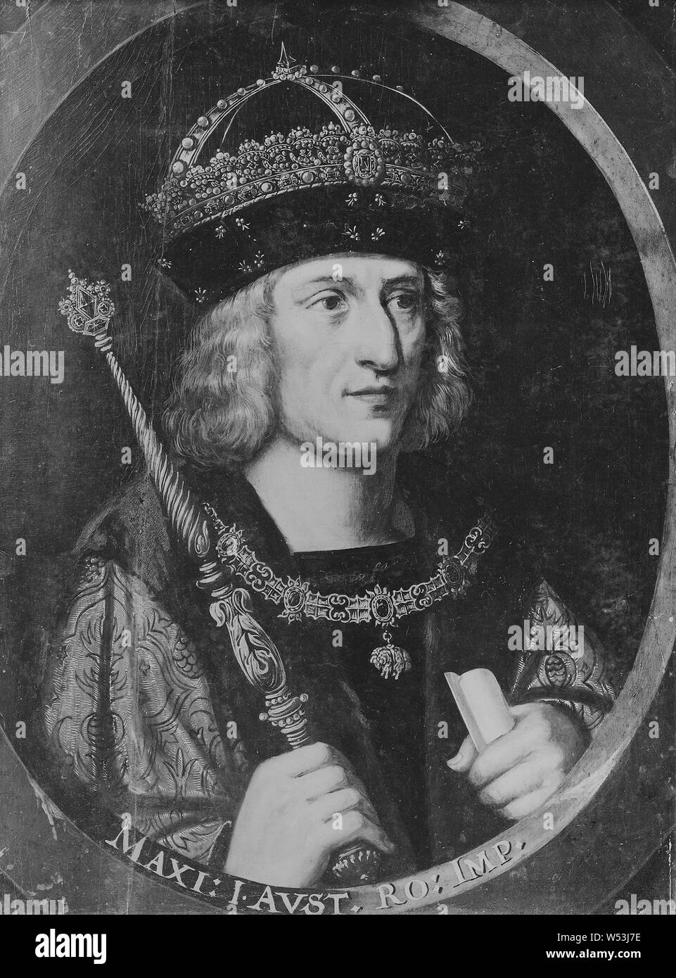 Massimiliano I, 1459-1519, German-Roman imperatore, re di Austria, pittura, ritratto, olio su pannello, altezza 64 cm (25,1 pollici), Larghezza 50 cm (19,6 pollici) Foto Stock