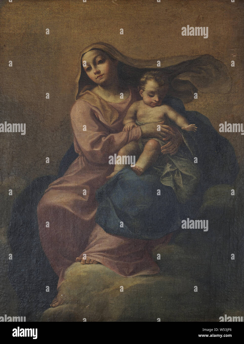 La Madonna e il bambino su una nuvola, Madonna con il bambino su una nuvola, pittura, l'arte religiosa, XVIII secolo, olio su tela, altezza di 95 cm (37,4 pollici), Larghezza 73 cm (28,7 pollici) Foto Stock