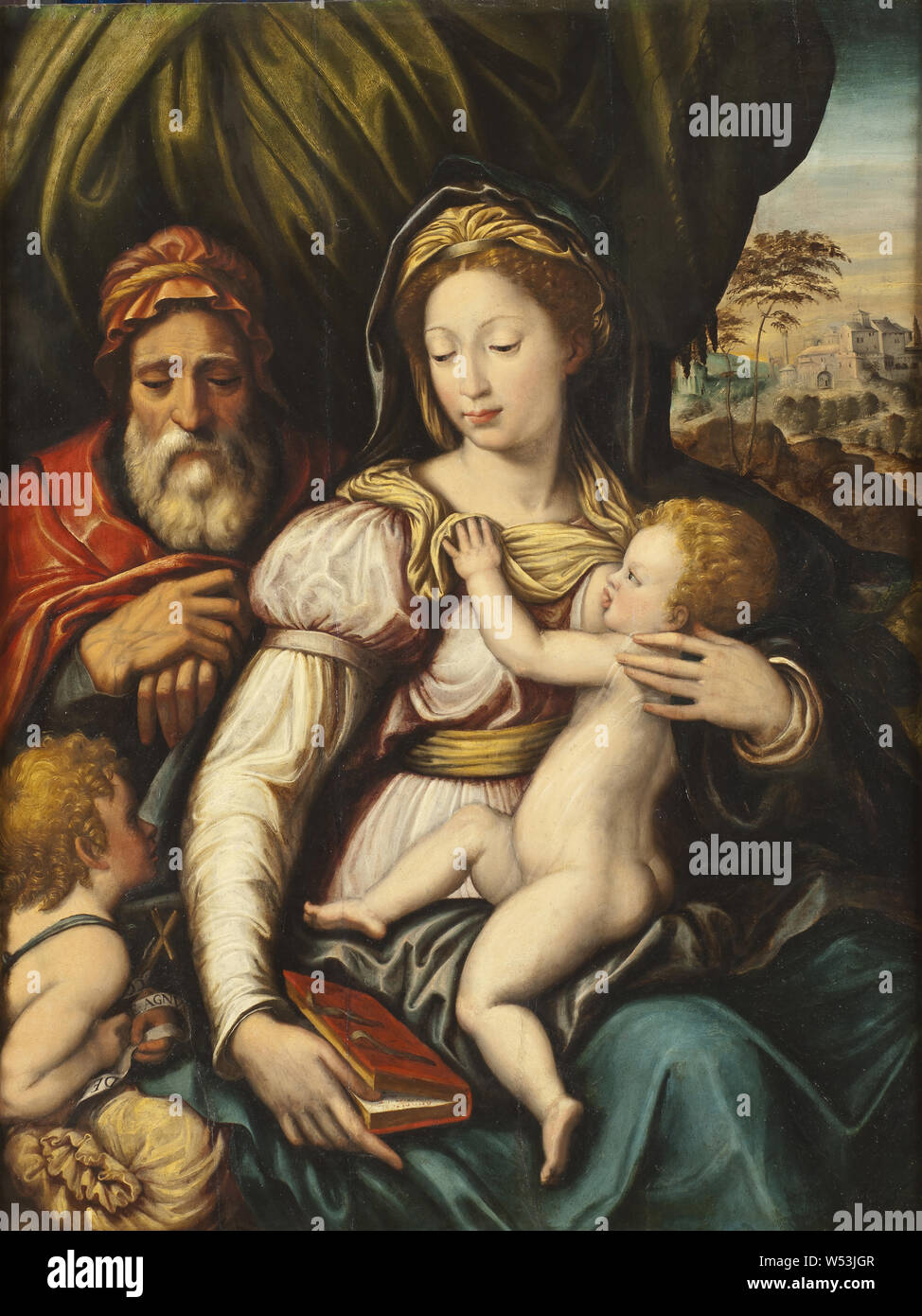 La Santa Famiglia con il Bambino di San Giovanni, la Santa Famiglia con l'infanzia, pittura, l'arte religiosa, XVI secolo, olio su pannello, altezza 102 cm (40,1 pollici), Larghezza 81 cm (31,8 pollici) Foto Stock