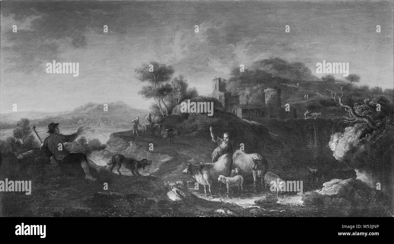 Paesaggio con edifici e figure, pittura, arte del paesaggio, olio su tela, altezza di 51 cm (20 pollici), Larghezza 91 cm (35,8 pollici) Foto Stock