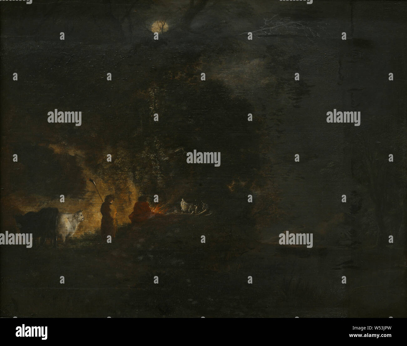 Attribuito a Moyses van Uyttenbroeck, pastori in corrispondenza di un fuoco di legna, Herdar vid un incendio, pittura, olio su pannello, altezza 23 cm (9 poll.), Larghezza 30 cm (11,8 pollici) Foto Stock
