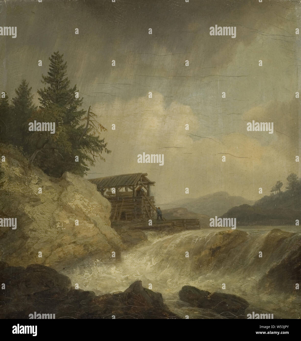 Christian Ezdorf, Nordic paesaggio con una cascata, Nordic paesaggio con cascata, pittura, arte del paesaggio, 1843, olio su tela, altezza di 19 cm (7,4 pollici), Larghezza 18 cm (7 poll.), firmato, CME.-43 Foto Stock