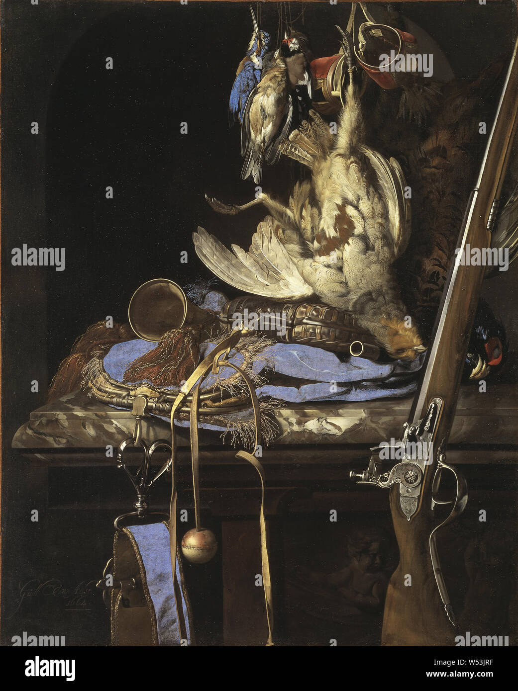 Willem van Aelst, Still Life con ingranaggio di caccia, still life con ingranaggio di caccia, pittura, still life, 1664, olio su tela, altezza 68 cm (26,7 pollici), Larghezza 54 cm (21,2 poll.), firmati Guillmo Van Aelst, 1664th Foto Stock